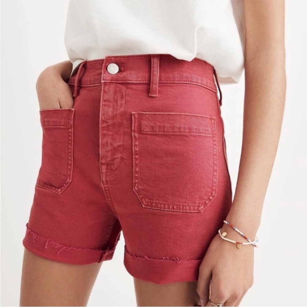 Madewell Raw Hem Red Dyed Front Pocket Jean Shorts